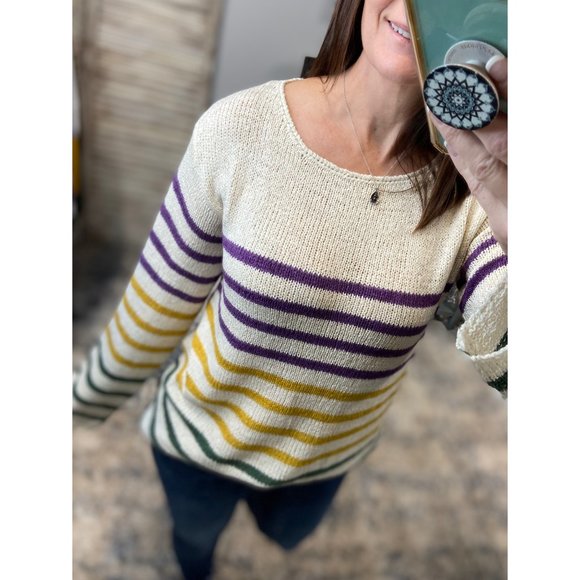 🎭Mardi Gras Wide Neck Loose Striped Sweater Shirt Purple Green & Gold 0123 - Picture 2 of 8
